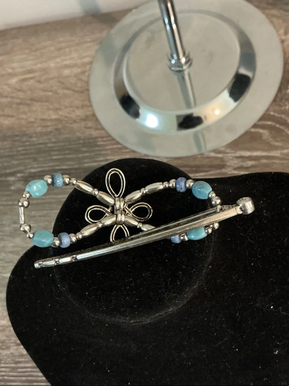 Flexi NWOT Silver-Tone Hair Clasp Slide with Blue Beads flexi8.com 2.5” x 1”
